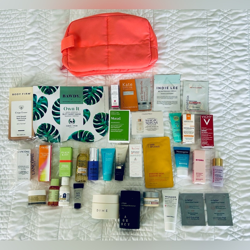 Lot of skincare samples. Several full size. All new. Includes makeup bag